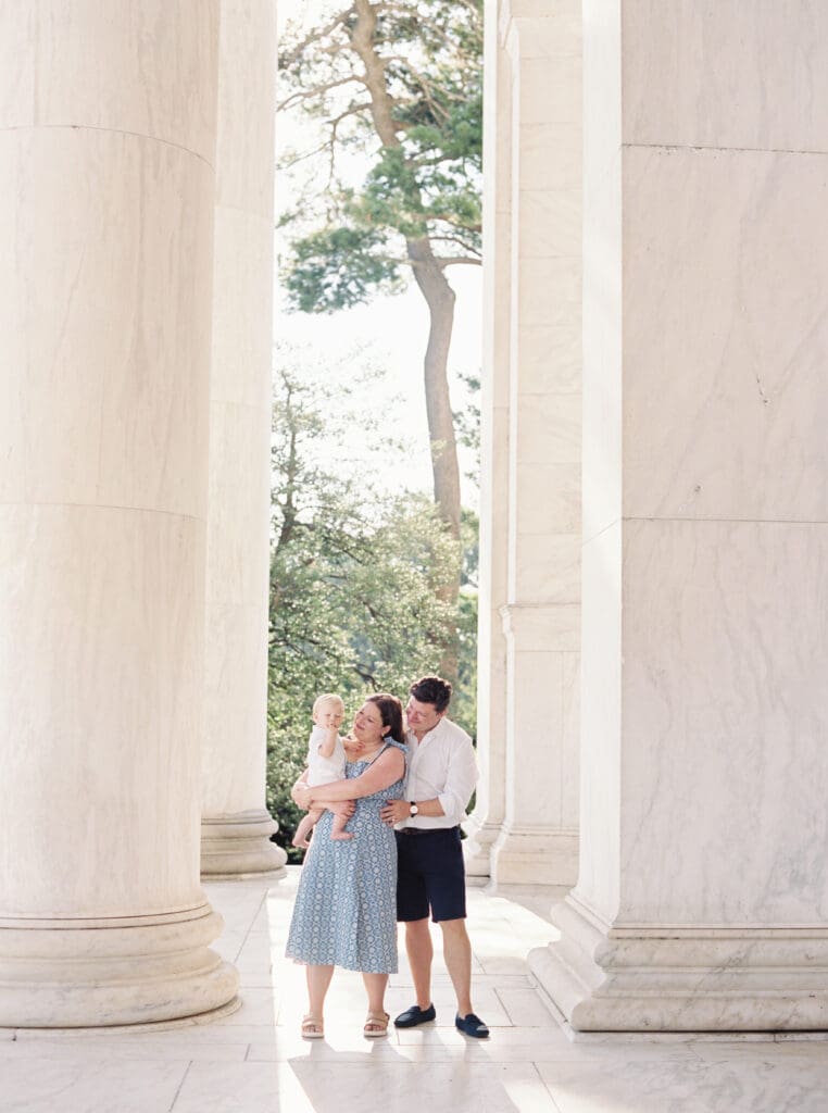 Family milestone session at the Jefferson Memorial in Washington DC — parents celebrating baby’s first birthday with iconic monument views, captured by luxury maternity & newborn photographer Washington DC area.