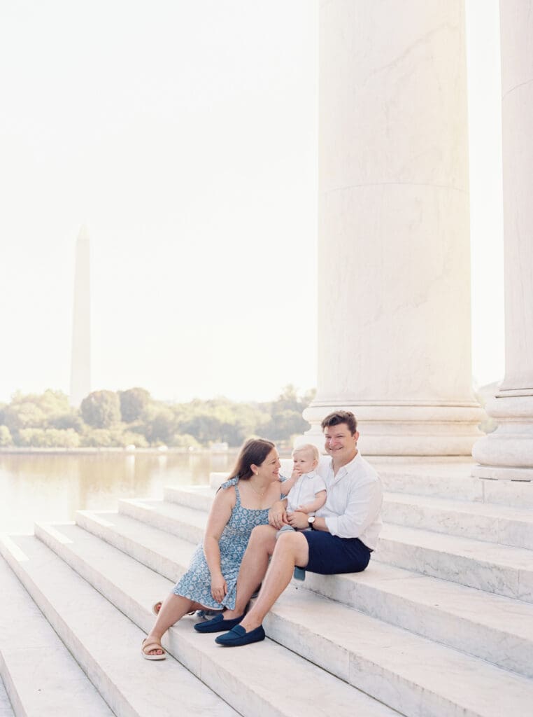Family milestone session at the Jefferson Memorial in Washington DC — parents celebrating baby’s first birthday with iconic monument views, captured by luxury maternity & newborn photographer Washington DC area.