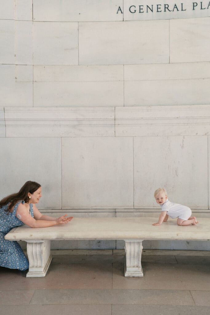 Family milestone session at the Jefferson Memorial in Washington DC — parents celebrating baby’s first birthday with iconic monument views, captured by luxury maternity & newborn photographer Washington DC area.