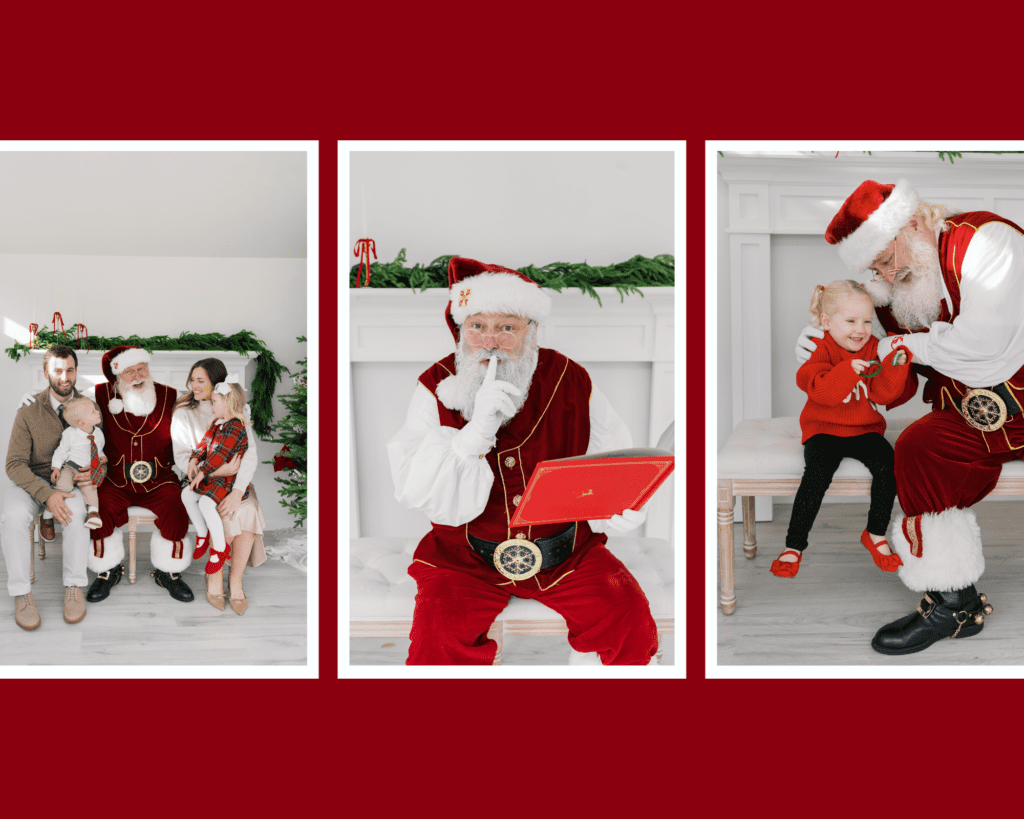 Toddler looking up at Santa with wonder during holiday photo session